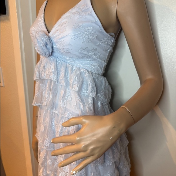 Light Blue Lace Tiered Ruffle Mini Dress Halter Rosette Bust - Picture 3 of 9